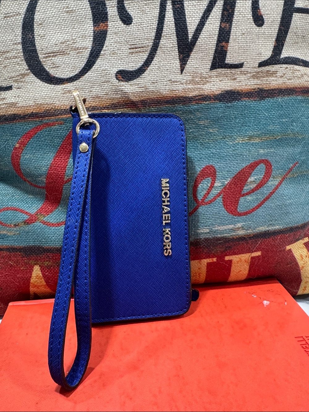 Michael Kors Royal Blue Saffiano Wristlet Phone Case with Gold Logo